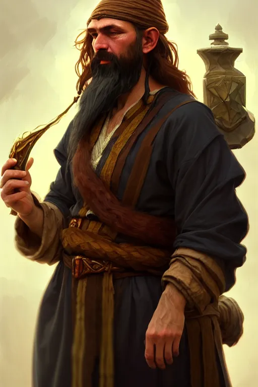 Image similar to photography alexey gurylev, male merchant, long beard, mysterious, deep focus, d & d, fantasy, complex, elegant, highly detailed, digital painting, artstation, concept art, matte, clear focus, illustration, hearthstone, artgerm art, greg rutkovsky and alphonse mucha, perfect hands