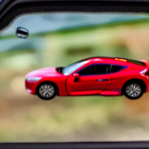 Image similar to a redhead woman driving a Jada toys mitsubishi eclipse green diecast car, high resolution macro photo, viewed through the cars window