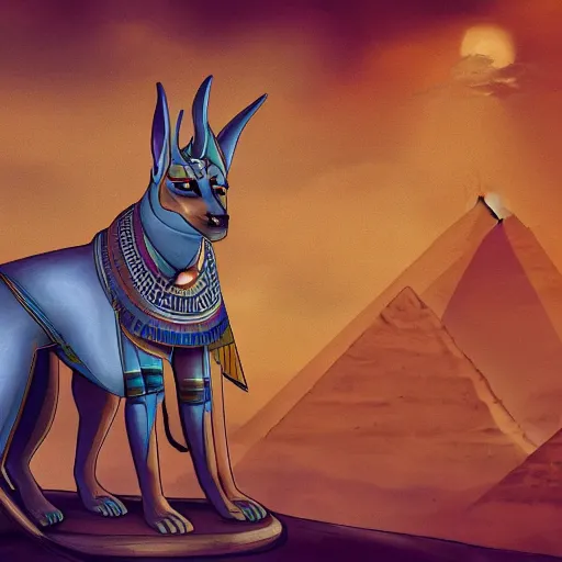 Image similar to Anubis, Egyptian background, very detailed, artstation, illustration, masterpiece, digital art, Furry Art