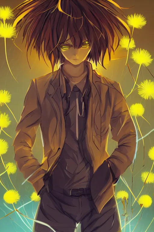 Image similar to amber glowing luminescent dandelion male anime character, symmetrical, highly detailed, digital art, sharp focus, trending on art station, amber eyes, autumnal colours