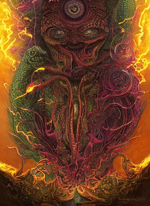 Prompt: duncan trussell glowing reptile eyes, shamanic poster lsd art, intricate, elegant, highly detailed, centered, digital painting, artstation, concept art, smooth, sharp focus, illustration, artgerm, tomasz alen kopera, peter mohrbacher, donato giancola, joseph christian leyendecker, wlop, frank frazetta