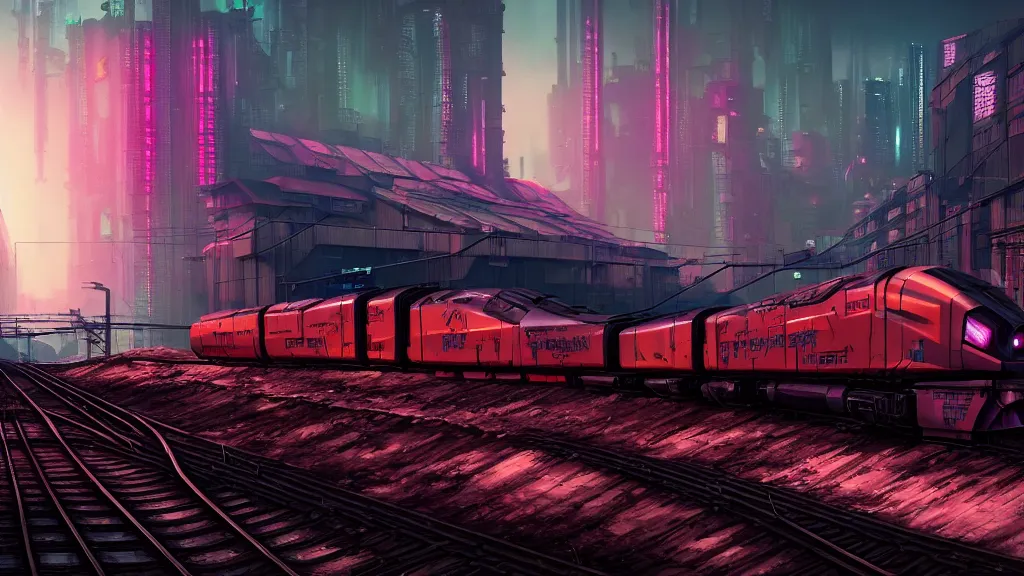 Prompt: cyberpunk shockwave locomotive on railroad through cyberpunk industrial site. cyberpunk factories. cyberpunk kowloon city. rail tracks. cyberpunk industrial area. Digital render. digital painting. Beeple. Noah Bradley. Cyril Roland. Ross Tran. trending on artstation.