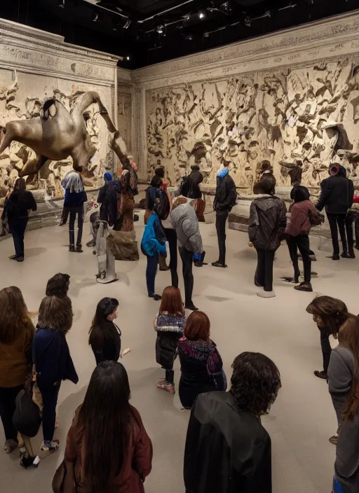 Image similar to a museum room full of people looking at sculptures of velvet dogs
