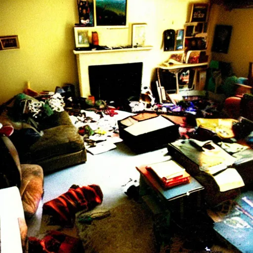 Image similar to a high flash photo of a messy living room, 2 0 0 6, taken with a disposable camera