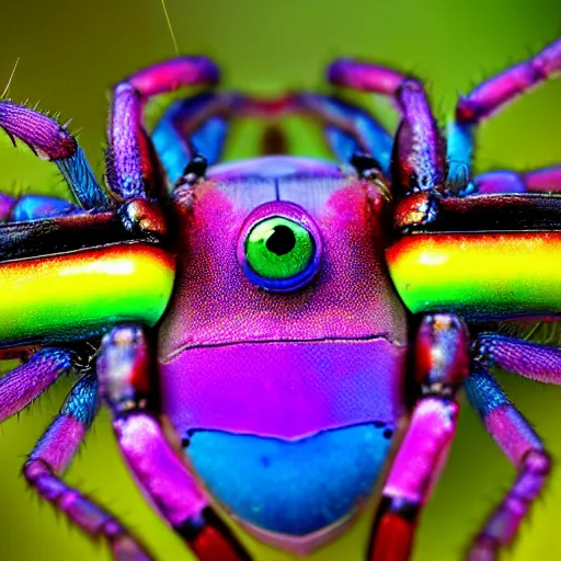 Prompt: a macroshot of a rainbow coloured spider with hundreds of legs and one large eye.