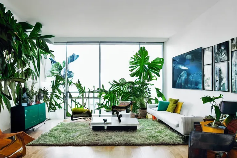 Prompt: tropical interior urban mangrove jungle inspiration modern apartment bachelor pad