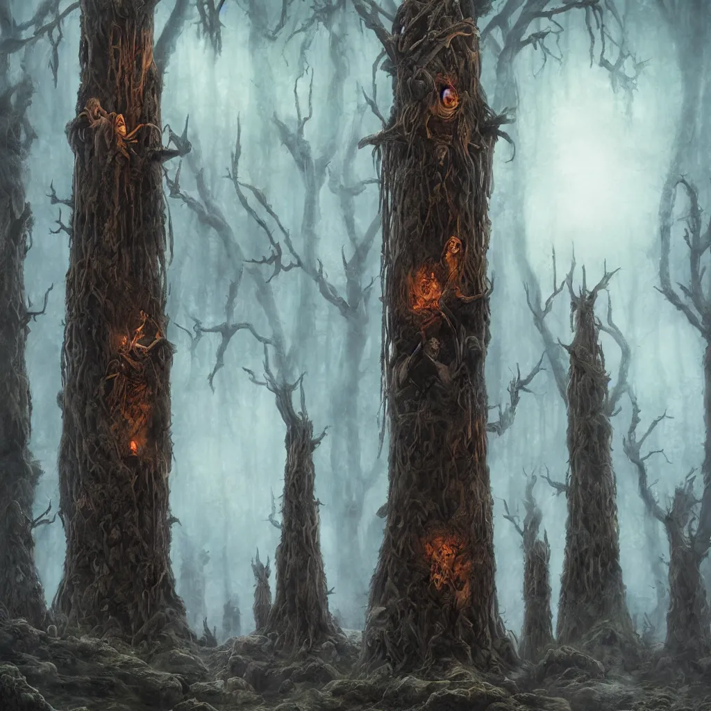 Prompt: evil druids having a ritual, single wooden totem of lord, a detailed matte painting, fantasy, foggy