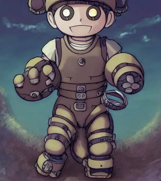 Image similar to beautiful little boy wearing an cyborg bear suit, artwork in kentaro miura and made in abyss and sakimichan, inspired in super bomberman, smooth, beautiful lightness, anatomically correct, trending on pixiv, moon
