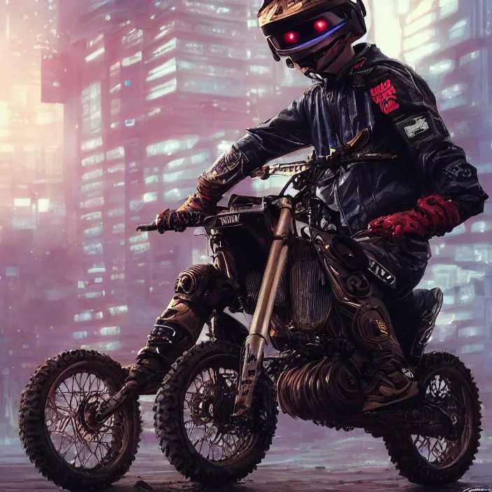 Prompt: beautiful blonde teenage boy wearing cyberpunk intricate streetwear riding dirt bike, beautiful, detailed portrait, cell shaded, 4 k, concept art, by wlop, ilya kuvshinov, artgerm, krenz cushart, greg rutkowski, pixiv. cinematic dramatic atmosphere, sharp focus, volumetric lighting, cinematic lighting, studio quality