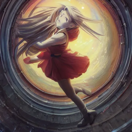 Image similar to Anime girl falling out of the sky through a giant time portal, detailed, centered, digital painting, artstation, concept art, donato giancola, Joseph Christian Leyendecker, WLOP, Boris Vallejo, Breathtaking, 8k resolution, extremely detailed, beautiful, establishing shot, artistic, hyperrealistic, beautiful face, octane render, cinematic lighting, dramatic lighting, masterpiece