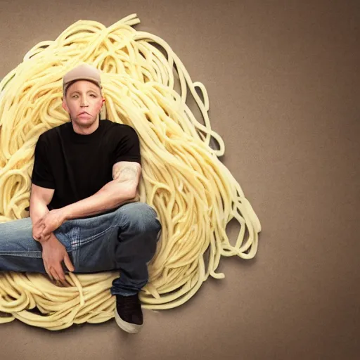 Prompt: photograph of Eminem reclining on a heap of spaghetti photorealistic trending on artstation 8k high quality very coherent art lighting