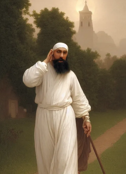 Image similar to oil painting portrait of a dominican monk with a long beard in a white and brown habit, striding dancing through a flourishing garden at sunset with a monastery in the background, hazy, digital art, chiaroscuro, artstation, cinematic, golden hour, digital art painting by greg rutkowski, william - adolphe bouguereau, hazy atmosphere, flowers, cinematic lighting