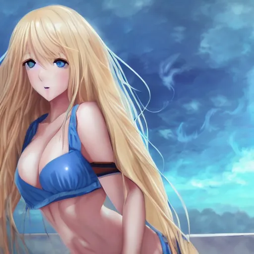 Image similar to a very beautiful young anime girl with 2 0 meters long blond hair, full body, long wavy 2 0 meters long blond hair, sky blue eyes, full round face,, bikini, miniskirt, front shot, sitting in a dark prison cell, highly detailed, cinematic wallpaper by stanley artgerm lau