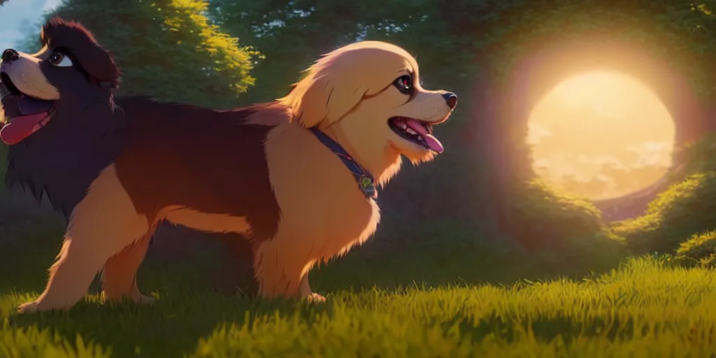 Image similar to a wholesome animation key shot of a tibetan spaniel, studio ghibli, pixar and disney animation, sharp, rendered in unreal engine 5, anime key art by greg rutkowski, bloom, dramatic lighting