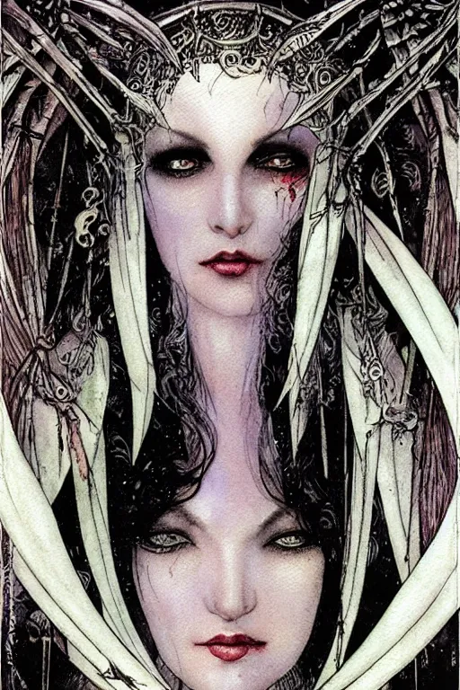 Prompt: dark vampire queen closeup face surrounded by bats, art by luis royo and walter crane and kay nielsen, watercolor illustration,