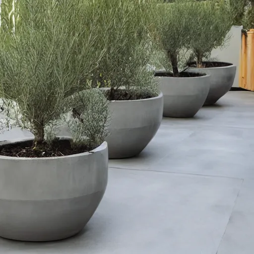 Image similar to creative concrete pots with seatings, olive trees, wpc decking on the floor