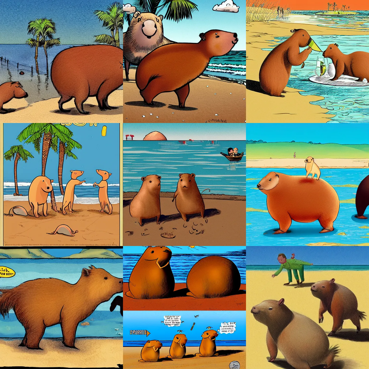 Prompt: capybaras having fun on the beach by Alan Moore and Martin Perscheid, detailed, cartoon