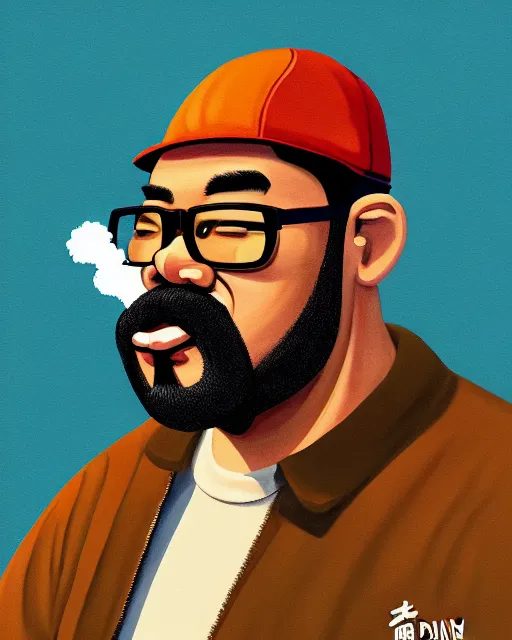 Image similar to painting portrait of big smoke evaporating as smoke, cartoon, warm lighting. big smoke's body is smoke. movie poster, illustration by bartek fedyczak, erak note, tooth wu, neil richards, kan liu, siwoo kim, jisu choe, trending on art station