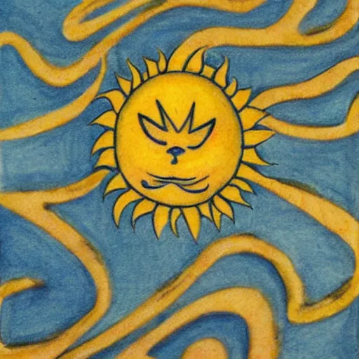 Prompt: tattoo sketch on yellow paperp, polynesian style, cat hugging the sun, maori