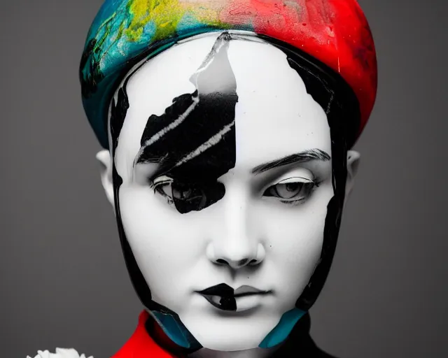 Image similar to extremely beautiful female marble statue in the style of virgil abloh, carved in black marble, colorful motocross logos behind her, sharp focus, clear, detailed,, cinematic, detailed, off white, glamourous, symmetrical, vogue, editorial, fashion, magazine shoot, glossy