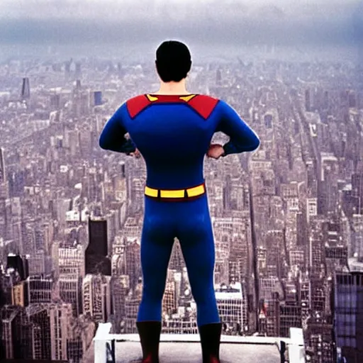 Image similar to superman from back hands on waist standing on top of the empire state building strong stance photo by annie leibovitz