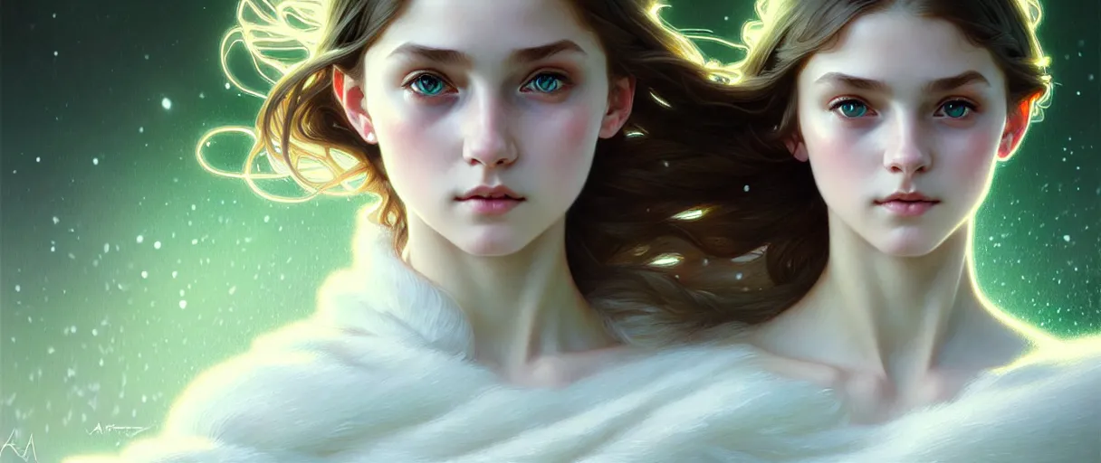 Prompt: ultra realistic illustration, young girl teenager, green eyes, white clothes, intricate, elegant, winter is coming, highly detailed, digital painting, artstation, concept art, smooth, sharp focus, illustration, art by artgerm and greg rutkowski and alphonse mucha