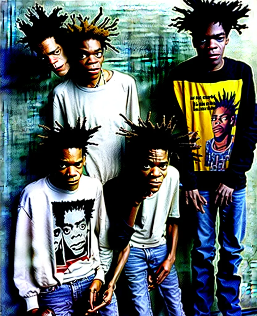 Image similar to basquiat with kurt cobain photographed by annie leibovitz in a hi end photo studio, color, photorealistic,