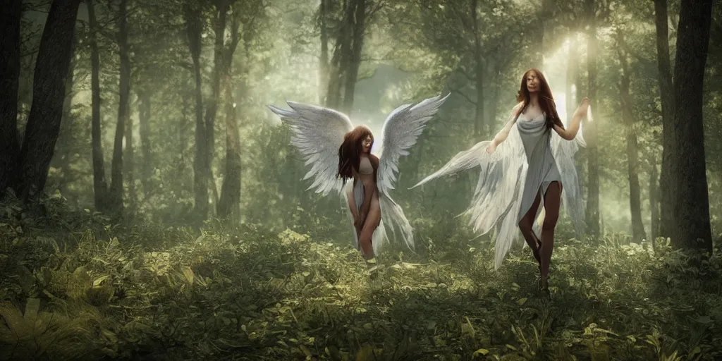 Prompt: A really beautiful woman with angel wings torn clothes in the forest Octane render, 4k, 8k, unreal 5, very detailed, hyper realism, trending on artstation.