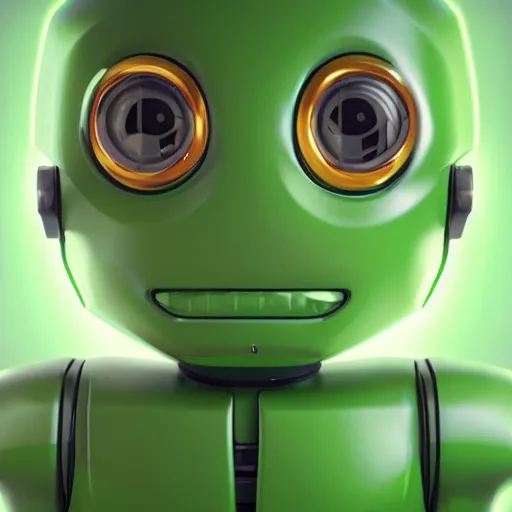 Prompt: adorable green robot, glossy render, symmetrical face, symmetrical eyes, rendered with octane, unity 5, 3 0 9 0 ti, portrait, great lighting, close up