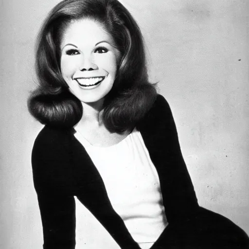 Image similar to A photo of Mary Tyler Moore in her younger days in a black and white photo. The date of the photo is 1963.