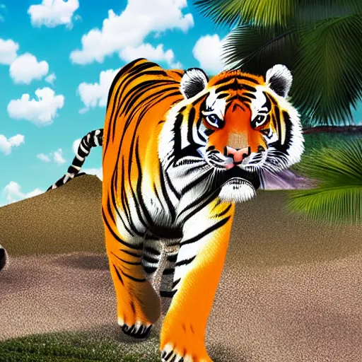 Image similar to tiger walking with backdrop showing the sky, palm tres. the tiger has sharp claws and teeth. in geometric illustration style