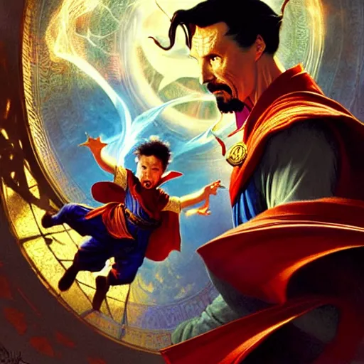 Image similar to the third first image on the scattered absurdity server, dr strange and dr seuss, very pretty, photorealistic, portal hopping and time warping with reckless abandon, highly detailed painting by gaston bussiere, craig mullins, j. c. leyendecker