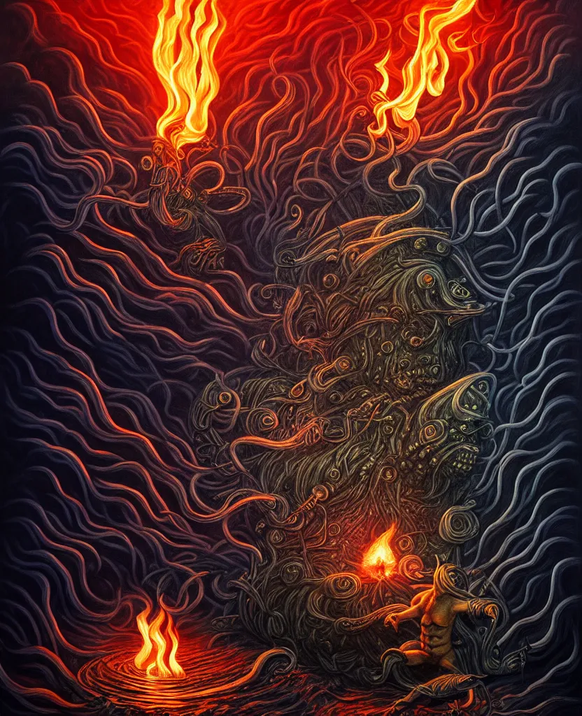 Prompt: mysterious bestiary of wild emotion monsters repressed in the deep sea of unconscious of the psyche lead by baba yaga, about to rip through and escape in a extraordinary revolution, dramatic fire glow lighting, surreal painting by ronny khalil