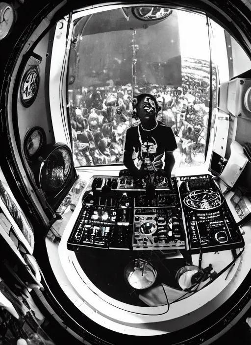 Prompt: a analogue photo of an African tribal dj entertaining a crowd on spaceship, view of planet earth seen from porthole window, wide angle, grungy