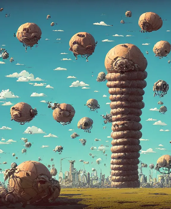 Prompt: inflated tower made from obese spider mollusks, in the style of a puffy spaceship, skeletons, partly cloudy, spooky, dramatic lighting, by geof darrow, bill sienkiewicz, dan mumford, yusuke murata, makoto shinkai, ross tran, cinematic, unreal engine, cel shaded, featured on artstation, pixiv