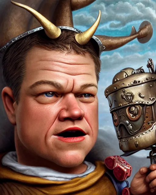 Image similar to highly detailed closeup, face profile portrait of a tin toy matt damon as a medieval demon with horns eating cakes in a castle, hyper realistic, artstation, illustration, nicoletta ceccoli, mark ryden, lostfish, dan decarlo, bob clampett, max fleischer, digital paint, matte paint, vivid colors, detailed and intricate environment