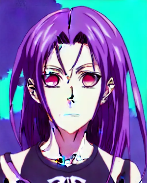 Image similar to style of madhouse studio anime, black lagoon manga, loish, artgerm, comic art, portrait of revy from black lagoon, symmetrical eyes and symmetrical face, jean shorts, white tank top, purple hair, sarcastic evil smirk on face, sky and ocean background