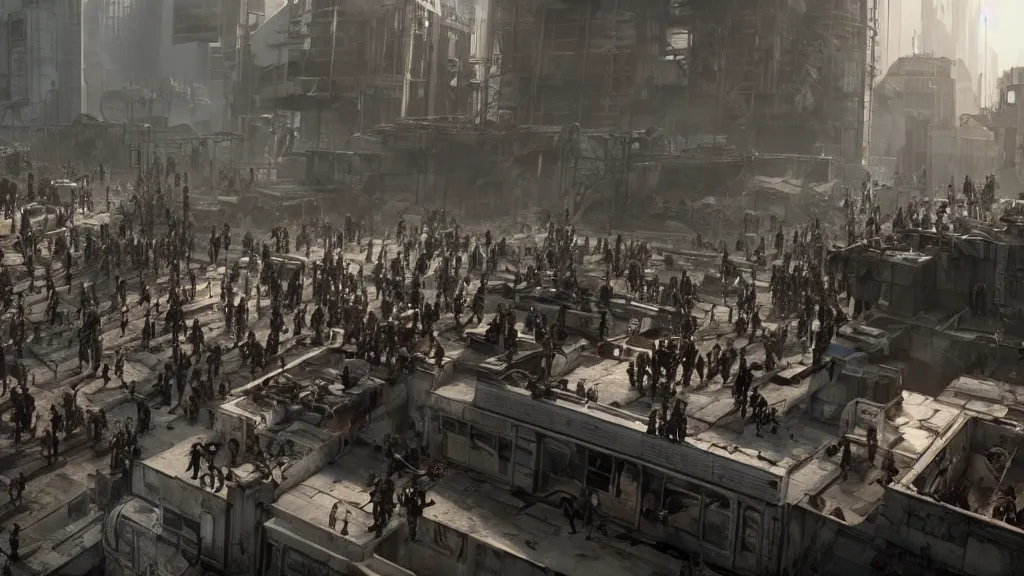 Image similar to a horde of people boarding a spaceship in a post-apocalyptic city, hyperrealistic, Cryengine 8k UHD