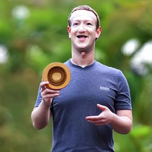 Prompt: mark zuckerberg holding circular, patterned wooden coaster up to the camera