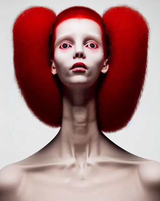 Image similar to symmetrical portrait of a woman wearing a red embroidered translucent silicone mask and white frizzy hair buns, wearing a black bodysuit by alexander mcqueen, cream white background, soft diffused light, biotechnology, humanoide robot, futuristic aesthetic, translucent, ethereal, intricate details, highly detailed, masterpiece,