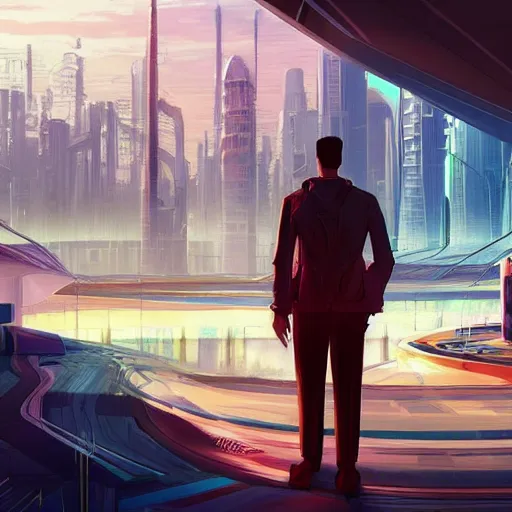 Prompt: a man staring forlornly at a futuristic utopian city he has been cast out of. vivid colors, artstation