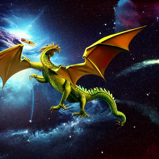 Prompt: a real dragon flying through space, galaxies, dlsr camera, hyper realistic, high definition, 4k