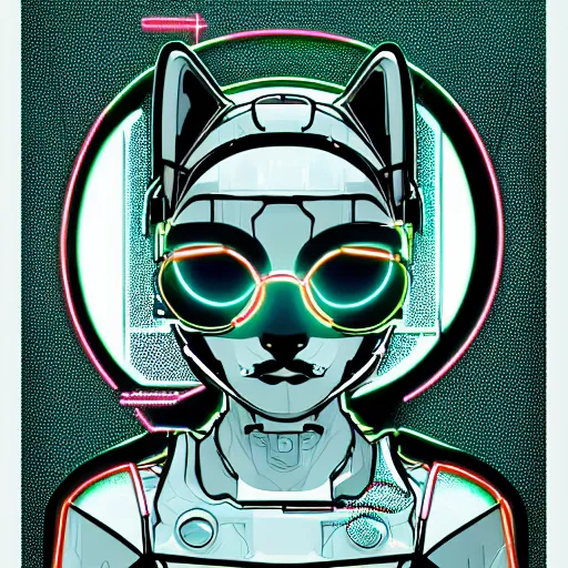 Image similar to a cute cyberpunk kitten, clear vector, vectorial curves, sci-fi, close-up, cybernetic implant, neon, cyberpunk, center frame portrait, 2D, matte-painting