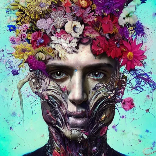 Prompt: art portrait of a man with flowers exploding out of head ,8k,by tristan eaton,Stanley Artgermm,Tom Bagshaw,Greg Rutkowski,Carne Griffiths, Ayami Kojima, Beksinski, Giger,trending on DeviantArt,face enhance,hyper detailed,cityscape background,cybernetic, android, blade runner,full of colour,
