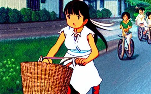 Image similar to a young girl riding a bike with a basket in a small town, 1970s philippines, art by hayao miyazaki, studio ghibli film, hi res, 4k, detailed!!!!!!! face!!!!!!!