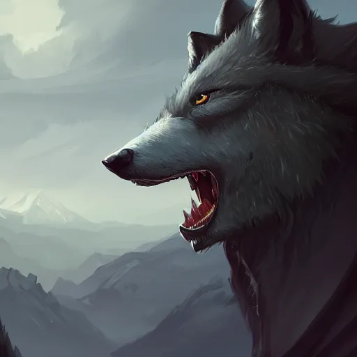 Image similar to an anthropomorphic wolf in a black doublet looking out over the hills, artstation hq, stylized, greg rutkowski, sharp focus, concept art, furaffinity fursona, furry, anthropomorphic