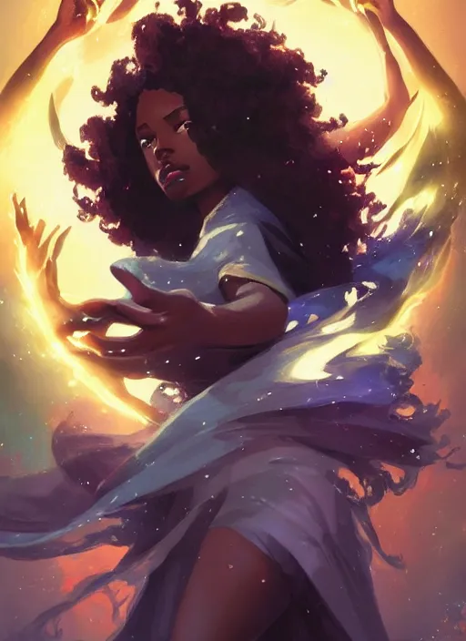 Prompt: beautiful black woman casting magical spells and using powers, digital illustration artstation, concept art, matte, sharp focus, illustration, dramatic exploding nebulae, hearthstone, art by artgerm and greg rutkowski and alphonse mucha