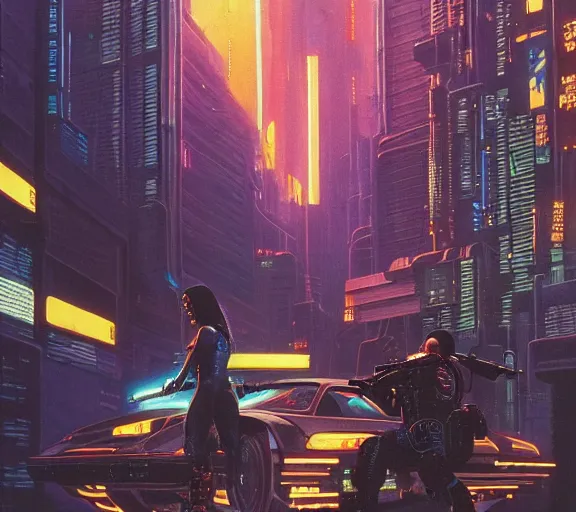 Prompt: a portrait of a cyberpunk epic Friday night firefight, Night City, cyberpunk 2077, very very coherent painting, 1979 OMNI Magazine Cover, street level neo-Tokyo in Cyberpunk 2045 style by Vincent Di Fate by mark arian by artgerm in the style of Dore, 4k, 8k, HD, trending on artstation