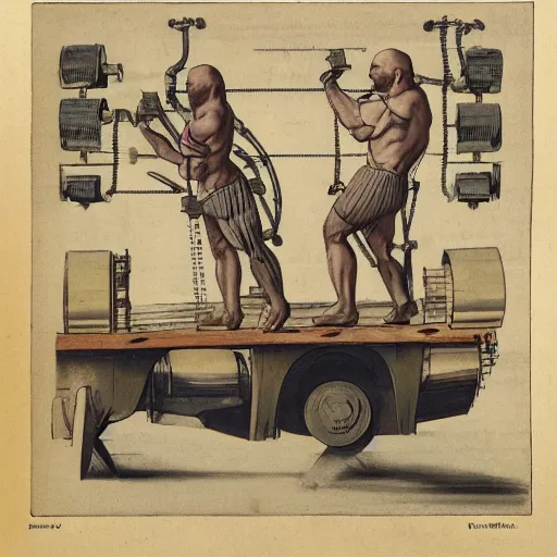 Image similar to a muscular bald man carrying engines on his back, technical diagram