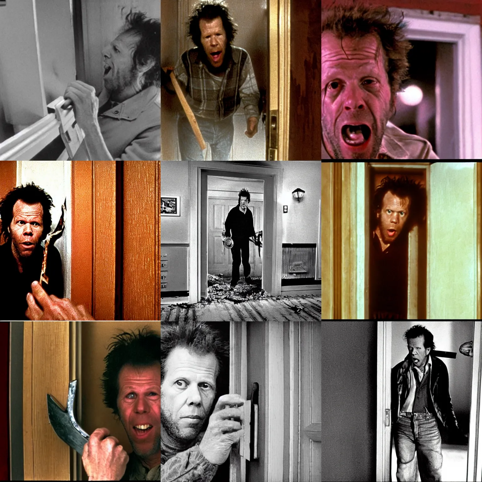 Prompt: tom waits in the shining breaking down a door with a fire axe